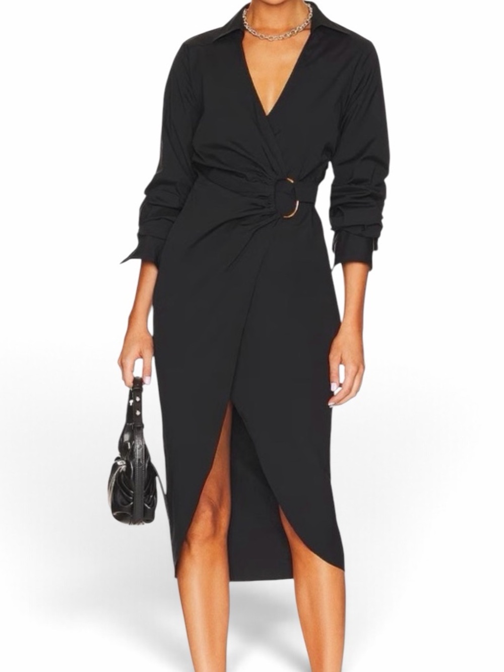Veronica Beard "Afton" Black Wrap Midi Dress with Ring Detail 4
